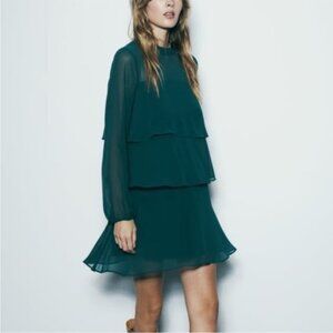 Zara Emerald Bottle Green Chiffon Tiered Ruffle Mini Size XS Dress